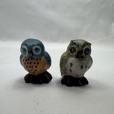 Unbranded Hand-Carved Wooden Owl Figurines - Hand-Painted Mini Pair Blue & Green