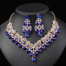 2 Pcs Asian Indian Pakistani Gold Plated Crystal Earrings Necklace Jewellery Set