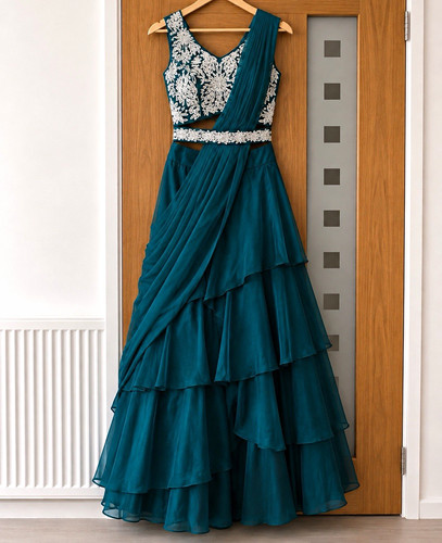 Teal green embroidered ruffle - green,