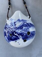 Rare Large Ceramic Ocarina, Chinese & Boxed. Beautiful Blue & White Landscape.