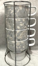 Set Of 4 Next Song Bird Stacking Mugs in Metal Holder White/Grey Floral 11cm