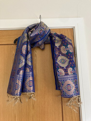 Blue gold embroidered pashmina - gold,