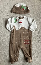 White Brown Christmas Pudding Babygrow Hat Sleep Suit Baby Girl Boy 3-6 Months