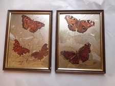2x Vintage Butterfly Foil Etching Art Piece ~ Metal Etched Silver Gold - 17x22cm
