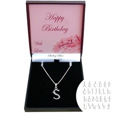 Sterling Silver Letter/Initial Necklace with Crystals in Happy Birthday Gift Box
