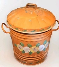 Bargeware Canal Metal Bin with Domed Lid Hand-Painted Orange and Floral Pattern