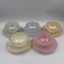 Vintage Arcopal France Opale Harlequin Cup & Saucer Set Pastel Pink Yellow Glass