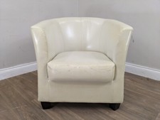 ARMCHAIR White Faux Leather Tub Chair Club Lounge Dark Wood Feet Round Back