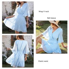 Light Blue L Wrap V Neck Dress Women Casual Lace Dot Half Bell Sleeve Elastic