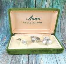 Vintage Anson Sterling Silver Genuine Diamond Cufflinks and Tie Pin Set in Box!