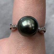 Tahitian Peacock Black Pearl & Diamond Ring 9ct 9k White Gold - Size N