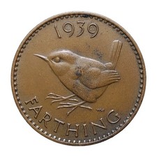 1939 UK One Farthing – George VI Bronze Coin Wren Design Vintage British Z3276