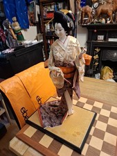 Vintage 1980s Japanese Geisha Doll in Kimono On Plastic Wood Stand 58cm