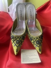 Stunning Green Fabric Mules Beaded And Embroidery Kitten Heels Leather Soles