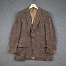 Vintage HARRIS TWEED Blazer Jacket Mens 46 Brown Herringbone Wool Sport Coat 80s