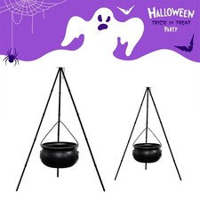 Halloween Prop Black Plastic Cauldron on Stand with Illuminated Flames