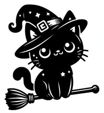 Cat Witch On A Broom Decal