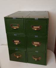 Vintage Pilot Steel Six Drawer Index Card Metal File Cabinet - In sets of 2