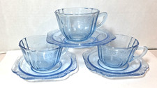 Federal Glass MADRID Blue Scroll Cup Saucer Depression Glassware Lot of 3