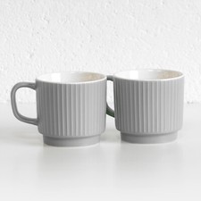 Set of 2 Grey Coffee Mugs 370ml Ribbed Stackable 13oz Ceramic China Tea Cups 
