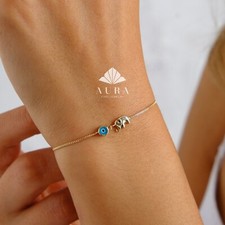 14K Gold Elephant Bracelet, Blue Evil Eye Protection Bracelet, Good Luck Charm