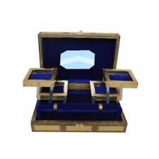 Large Antique Gold Jewellery Box Single Rod with Twilight Blue Velvet Lining