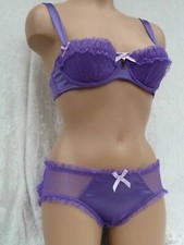 BRA and KNICKERS SET 32A 32DD 34A 36A PURPLE SATIN FRILLY MESH LA SENZA BNWT