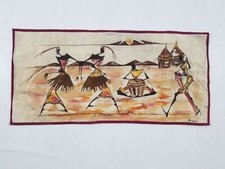 Vintage African Handpainted Tribal Dance & Drum Scene Batik Wall Hanging 84x40cm