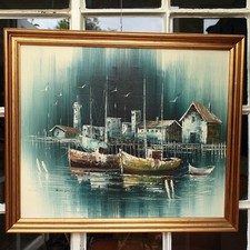 Max Savy Oil Painting Harbour Night Scene with Fishing Boats and Lighthouse