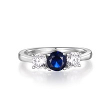 Ladies Solid Sterling 925 Silver 3 stone Blue and White Sapphire Eternity Ring