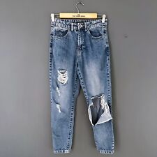 Ladies Boohoo Petite Blue Ripped Denim Mom Jeans Size 8