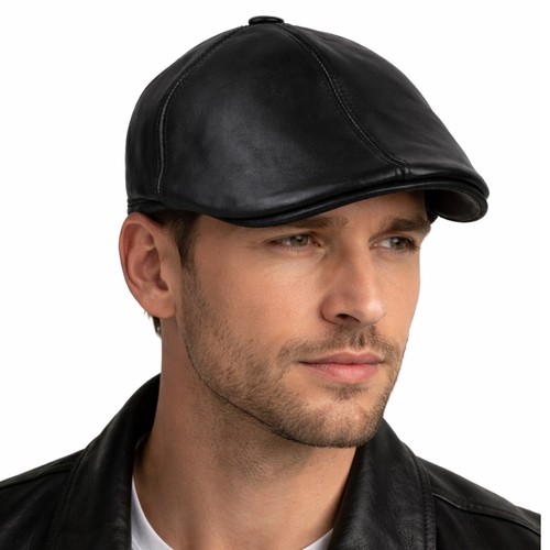 Black real leather cabbie hat - real,