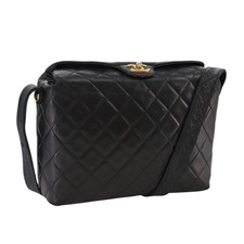 CHANEL Matelasse Shoulder Bag Lamb Skin Black Gold CC Auth 108071