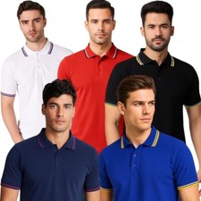 Mens Tipping  Polo Shirt Short Sleeve Plain Casual Work Wear Pique  Top T-Shirt