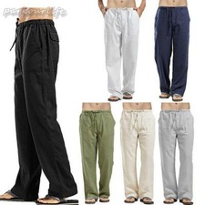 Summer Mens Casual Linen Baggy Pants Soft Cotton Trousers Elastic Waist Loose UK