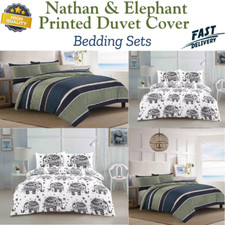 Nathan Blue Green Stripes & Elephant Printed Duvet Cover+Pillowcases Bedding Set