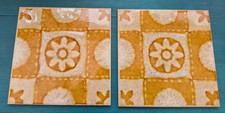2 Vintage ceramic Tiles 1970's yellow floral  15" x 15" 469g
