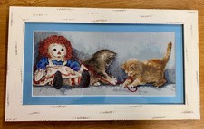 Handmade Framed Cross Stitch Picture Ragdoll  and Kittens