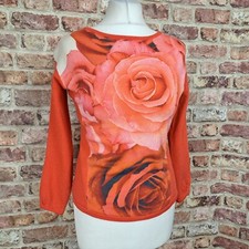 Basler Jumper Red Rose Floral 3/4 Sleeve Womens UK 10 Wool Silk Blend