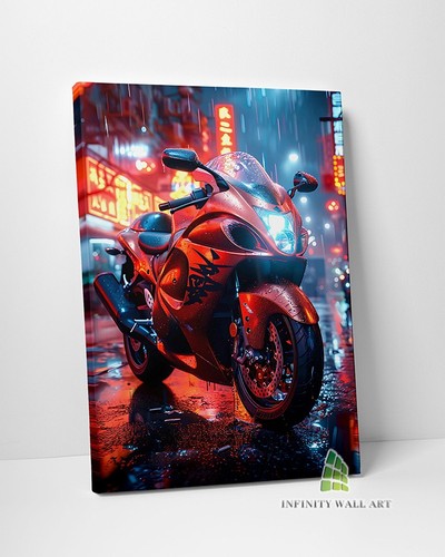 Red motorcycle city - in, canvas