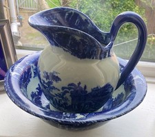 BLUE & WHITE WASH BOWL WITH MATCHING JUG EXCELLENT CONDITION