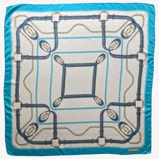 Vintage 90s Must De Cartier CC & Equestrian Buckle Print Blue Silk Scarf, Shawl
