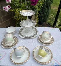 Lovely Vintage Bone China Mismatched Tea Set & 3 Tier Cake Stand Gold & Colours