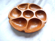 Wooden Bowl Oak  7 Compartment Nibbles Dish Party Snack 10" dia 1.25" H  Vintage