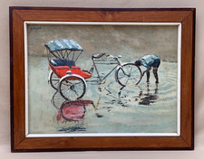 BUNJOB SIGNED OLD ORIGINAL OIL PAINTING PEDICAB TAXI BIKE RIDER PUDDLE OF WATER