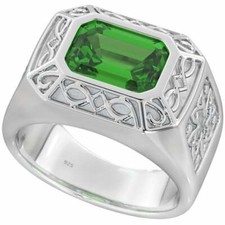 NEW Mens Celtic 925 Sterling Silver Ring with Emerald-Cut Green Cubic Zirconia