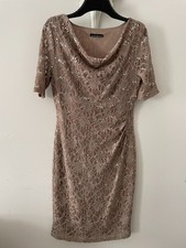 DAVID EMANUEL Taupe Cowl Neck  Sequinned Stretch Lace  Occasion Dress Size 14