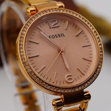 Fossil Georgia Watch Rose Gold Bangle Crystal Bezel Ladies - New Battery
