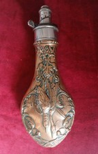 Vintage G&JW Hawksley Powder Flask Copper Art Neuveau Hanging Birds Hunting Game