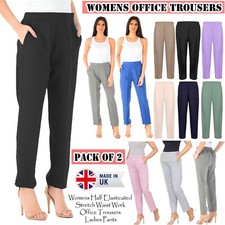 Womens Trousers Ladies Half Elasticated Stretch Waist Work Office Pants Pack 2